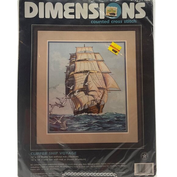 VTG 90'Dimensions Counted Cross Stitch Kit Clipper Ship Voyage 16"x18" Nautical - Picture 1 of 8